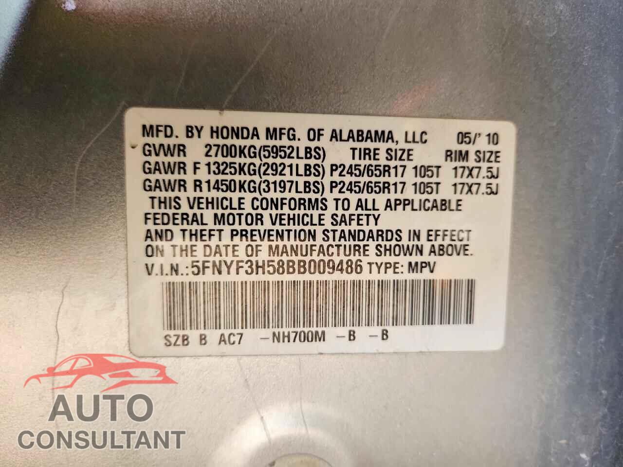 HONDA PILOT 2011 - 5FNYF3H58BB009486