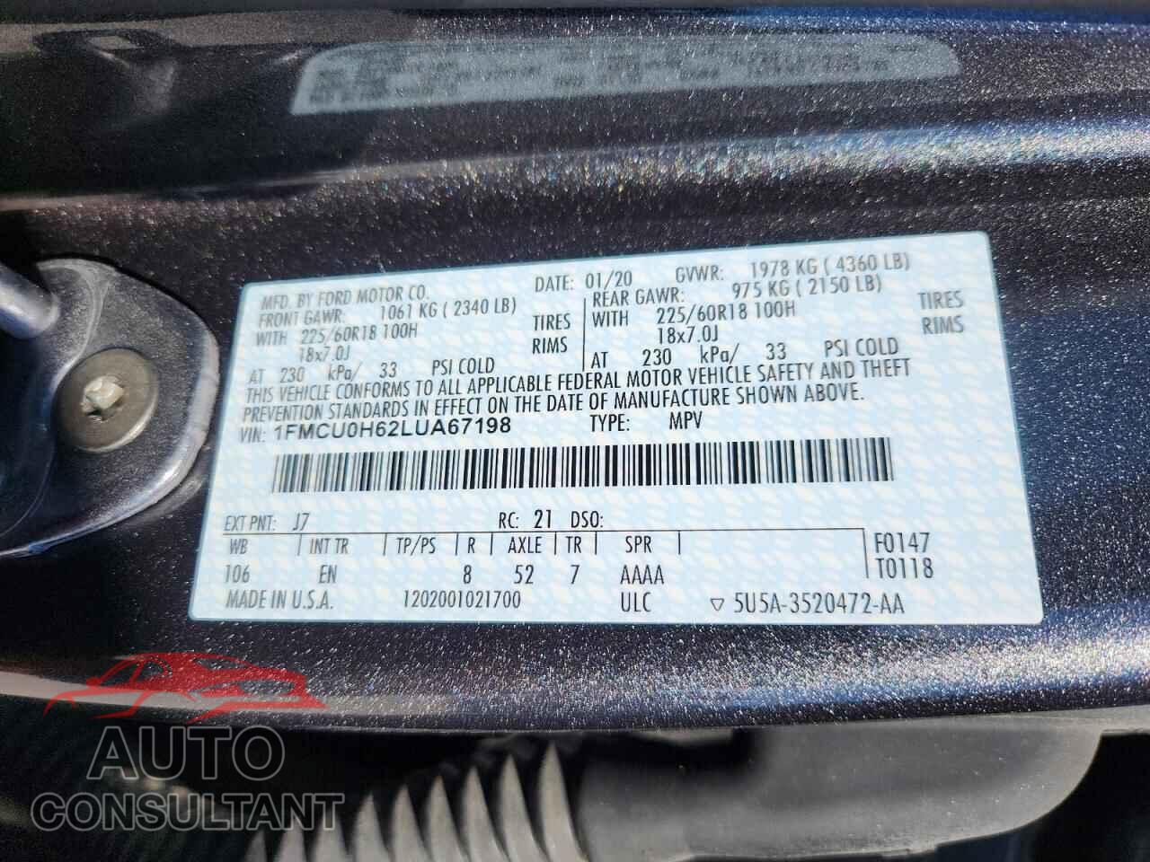FORD ESCAPE 2020 - 1FMCU0H62LUA67198