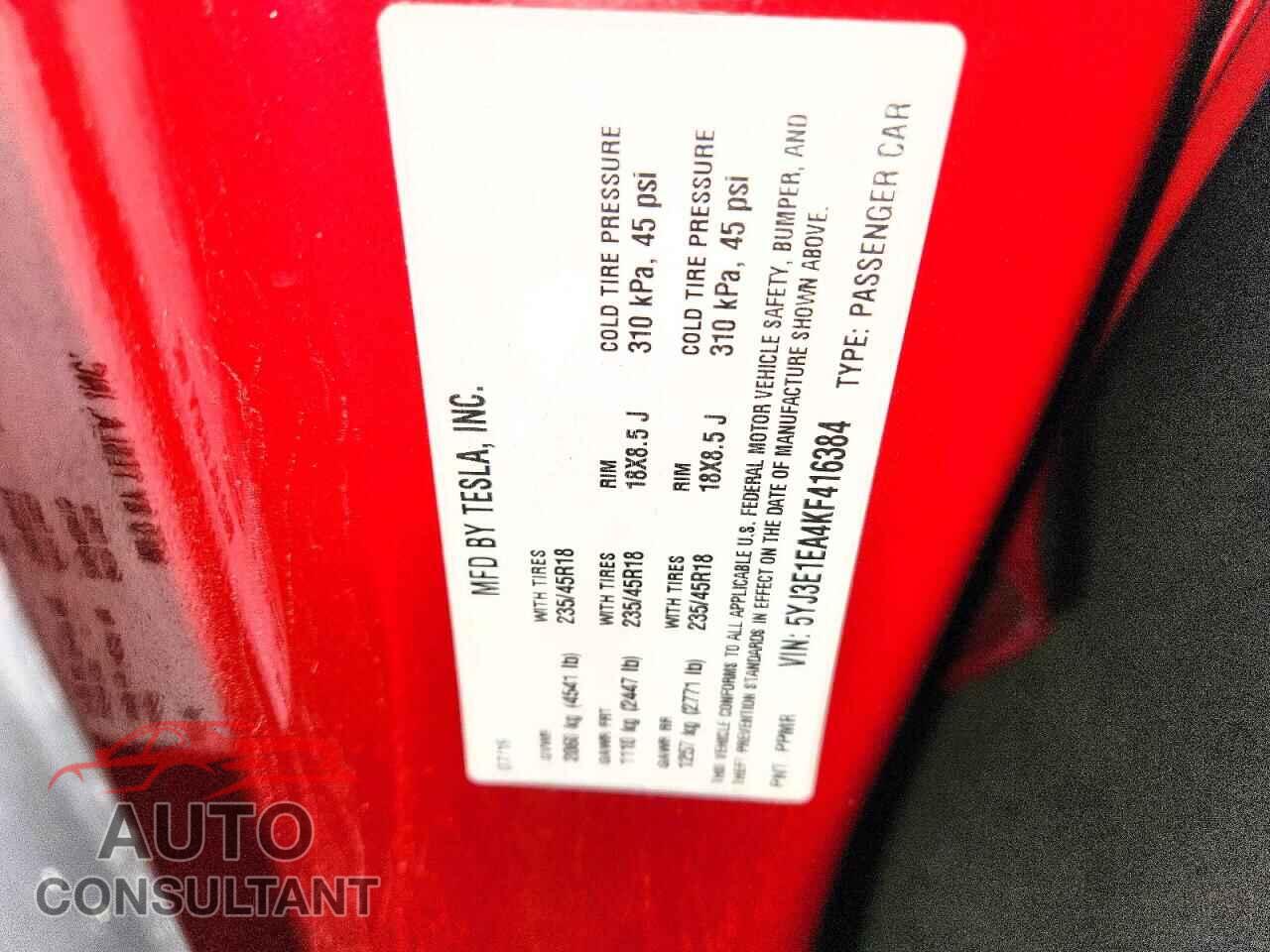 TESLA MODEL 3 2019 - 5YJ3E1EA4KF416384