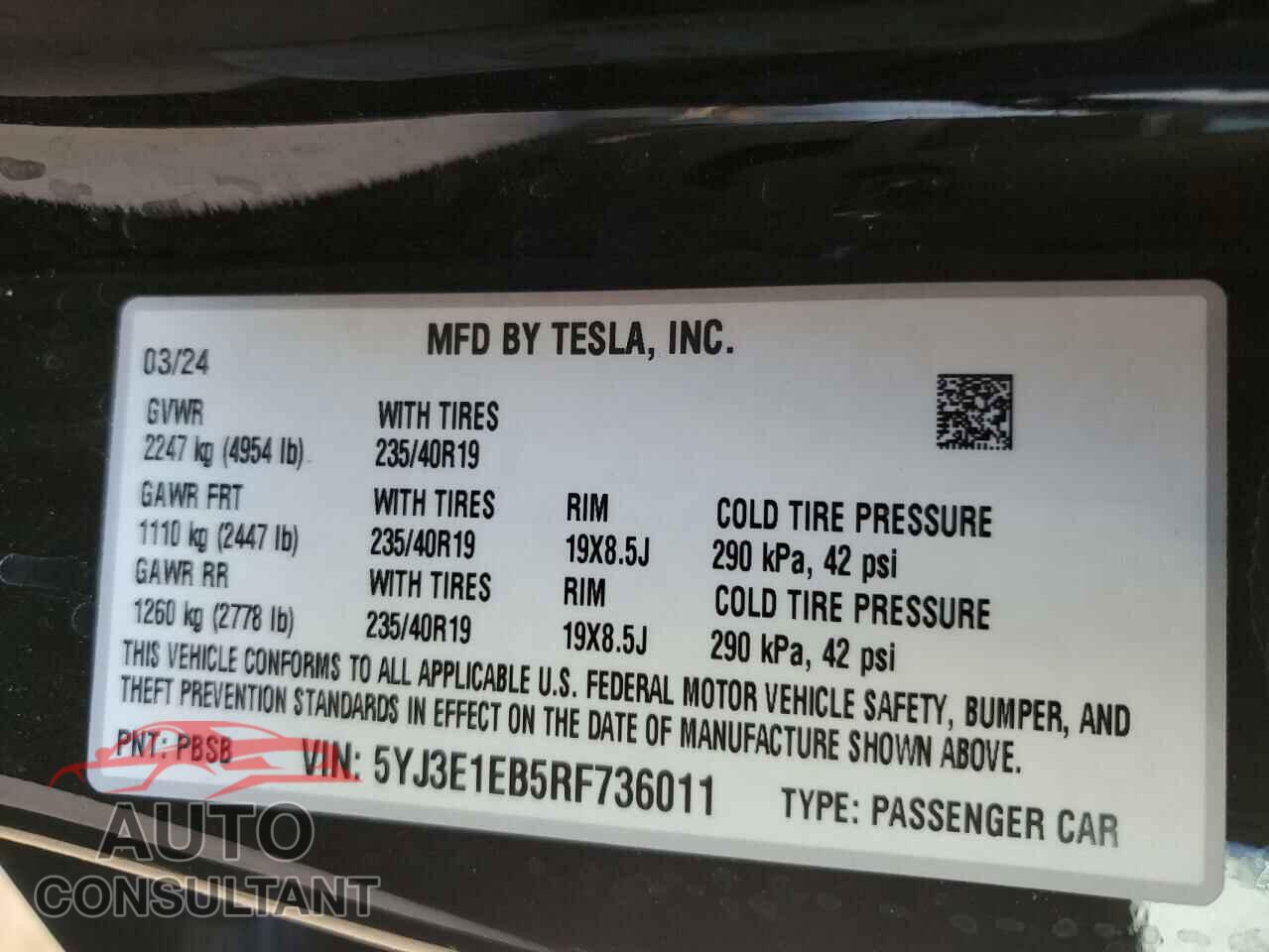 TESLA MODEL 3 2024 - 5YJ3E1EB5RF736011