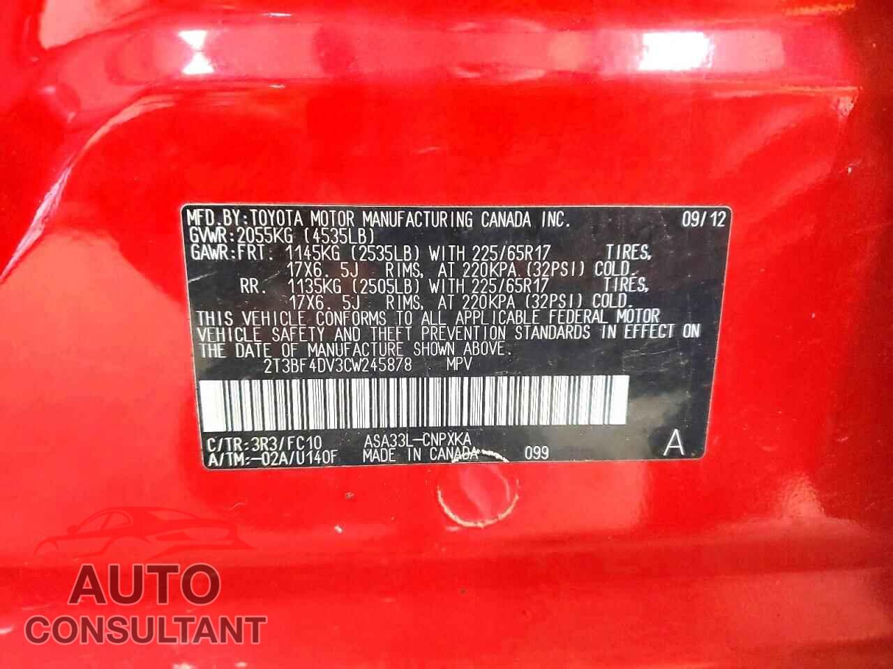 TOYOTA RAV4 2012 - 2T3BF4DV3CW245878