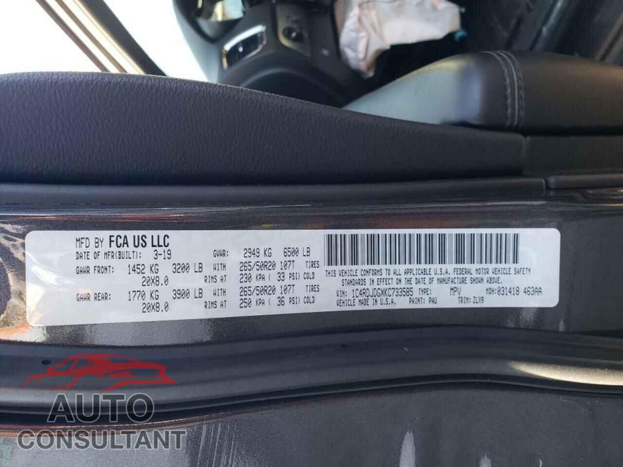 DODGE DURANGO 2019 - 1C4RDJDGXKC733585
