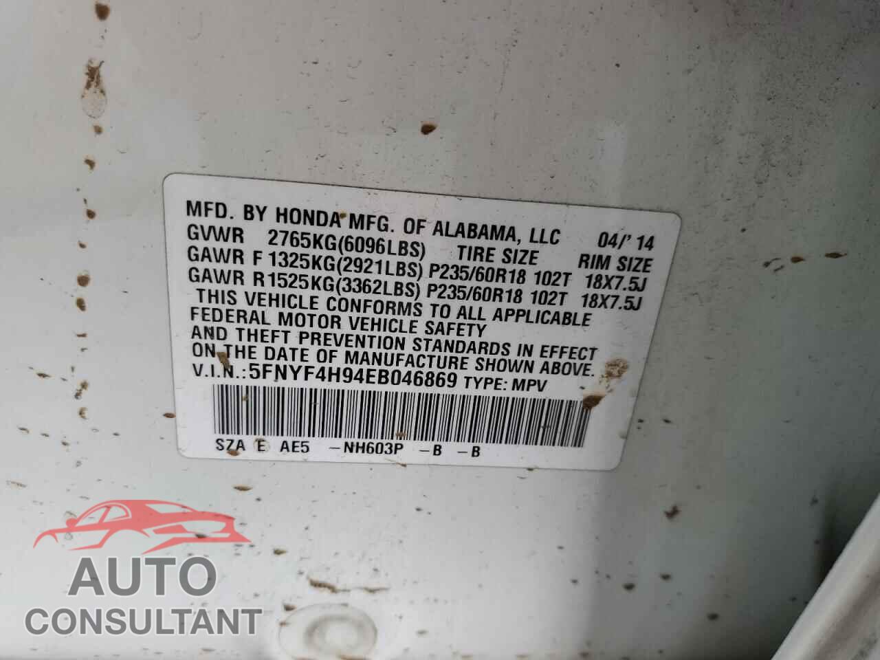 HONDA PILOT 2014 - 5FNYF4H94EB046869