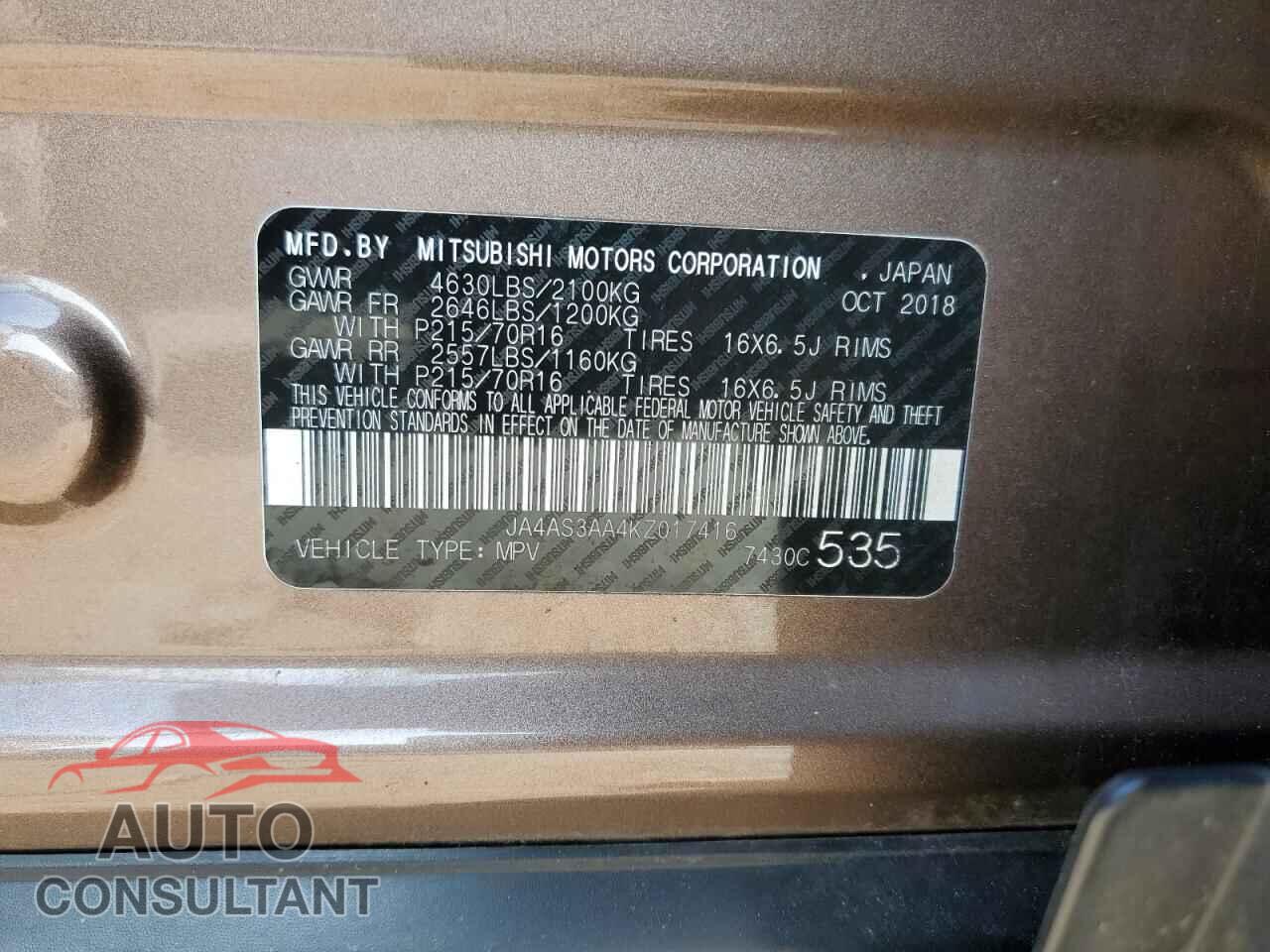 MITSUBISHI ECLIPSE 2019 - JA4AS3AA4KZ017416