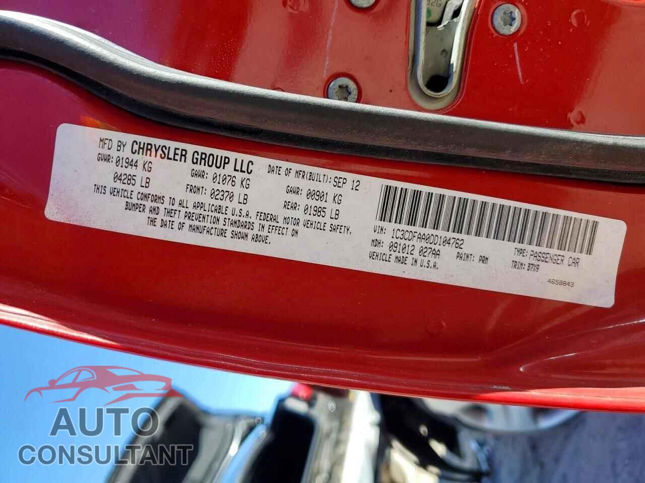 DODGE DART 2013 - 1C3CDFAA0DD104762