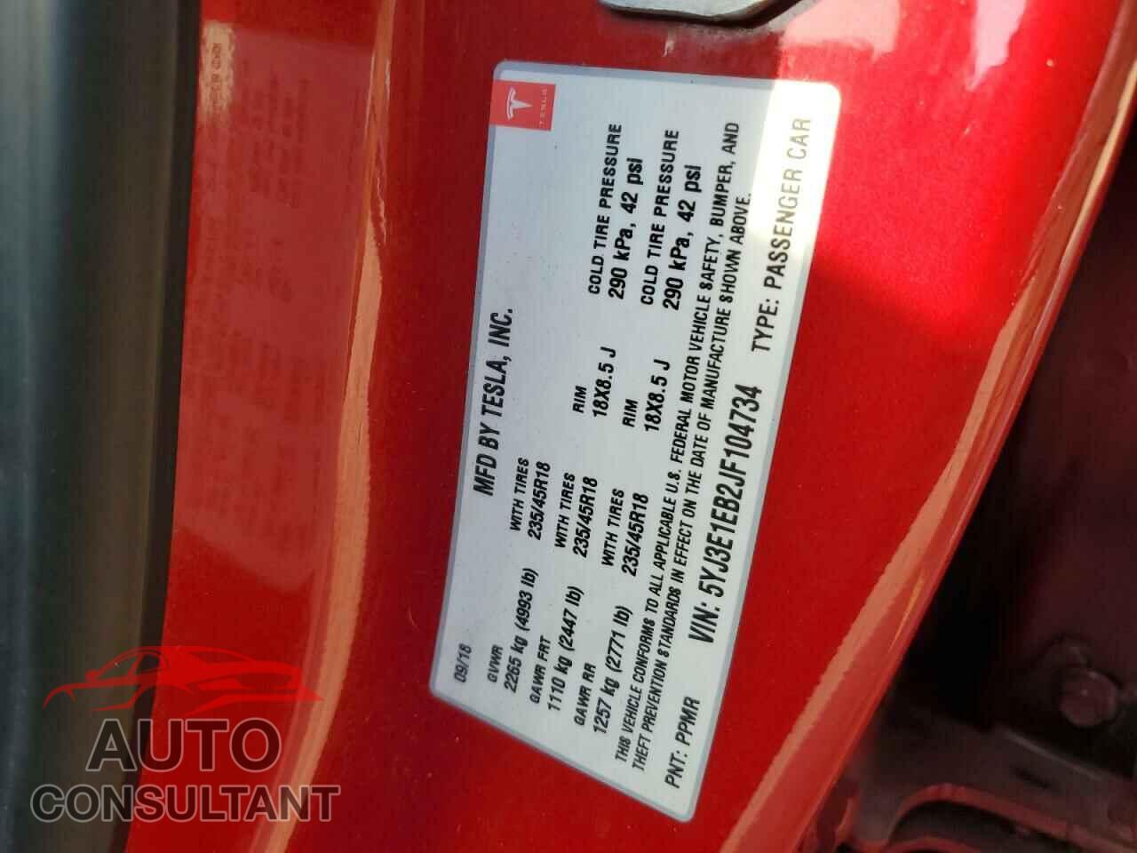 TESLA MODEL 3 2018 - 5YJ3E1EB2JF104734