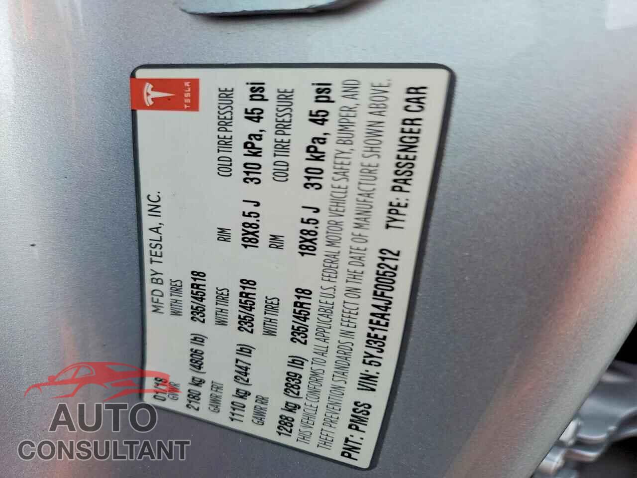 TESLA MODEL 3 2018 - 5YJ3E1EA4JF005212