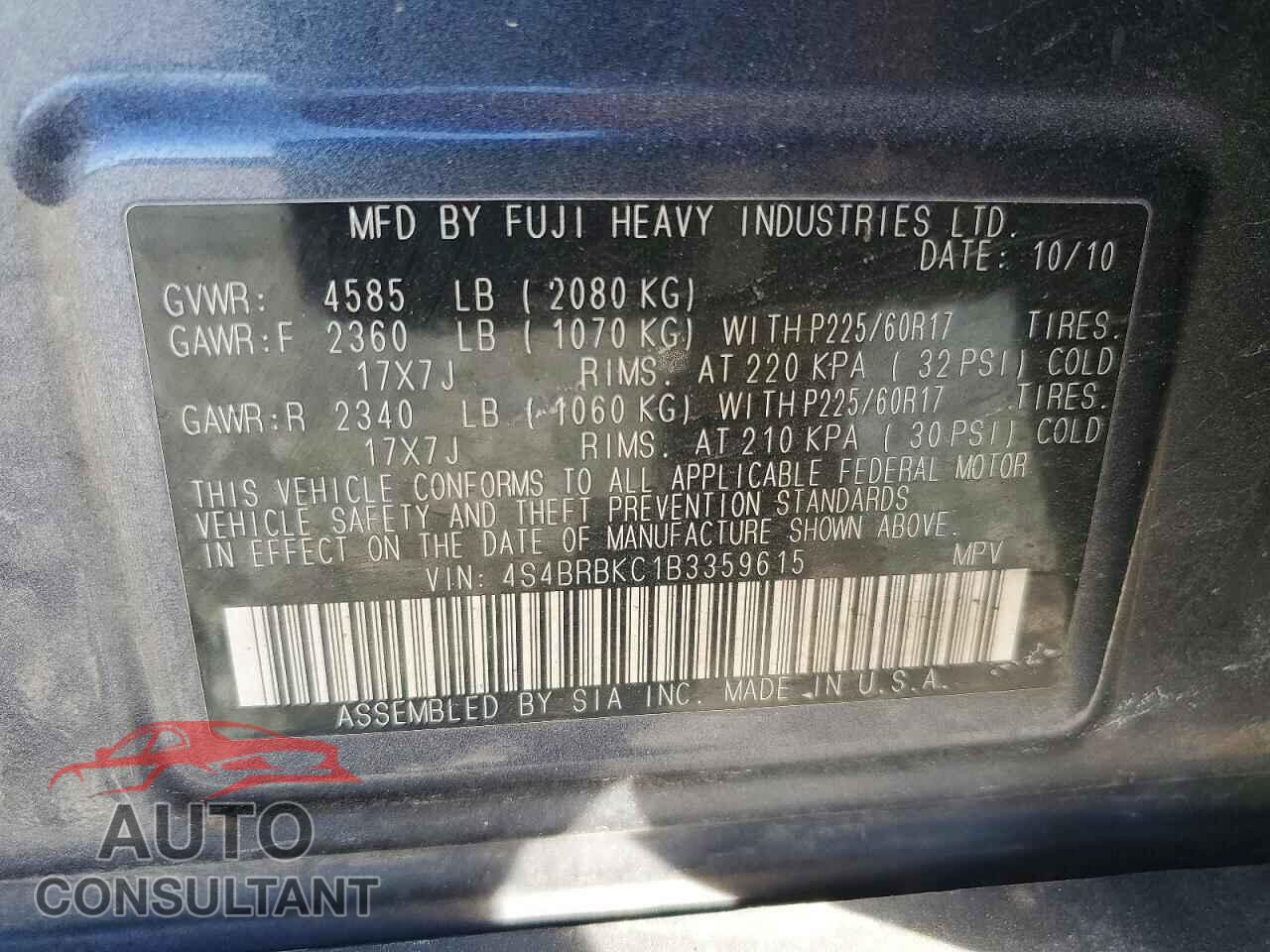SUBARU OUTBACK 2011 - 4S4BRBKC1B3359615