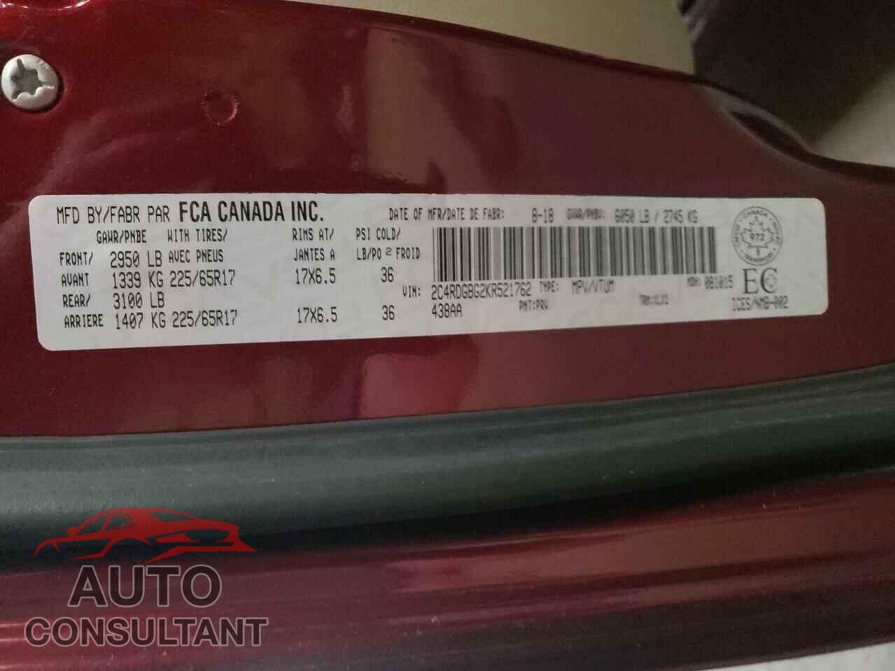 DODGE CARAVAN 2019 - 2C4RDGBG2KR521762