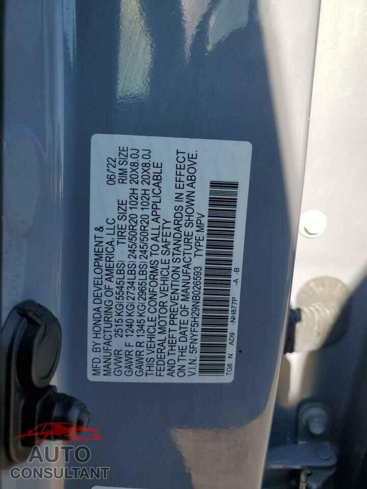 HONDA PILOT 2022 - 5FNYF5H29NB026593