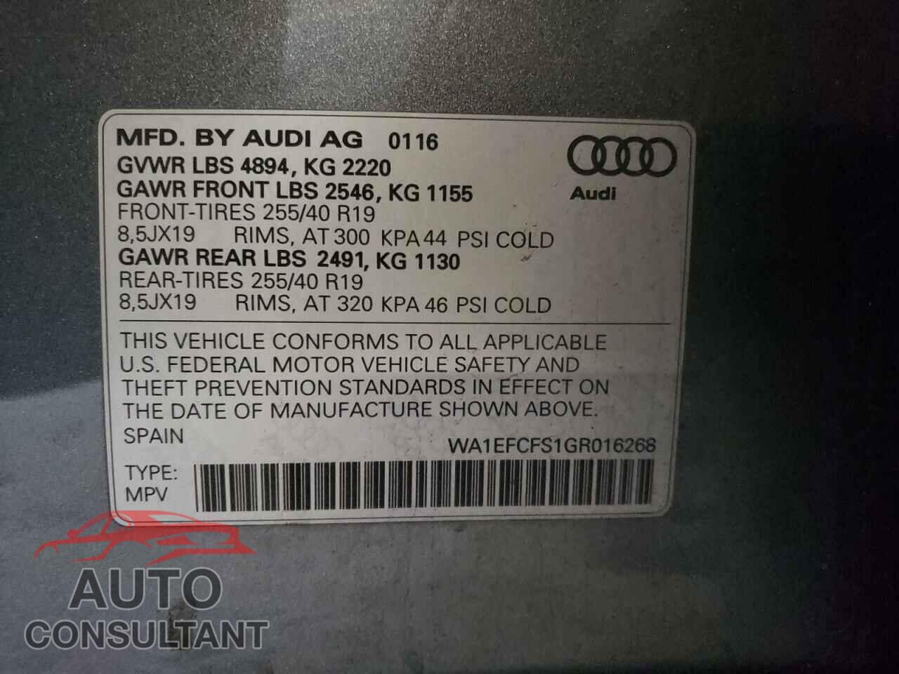 AUDI Q3 2016 - WA1EFCFS1GR016268