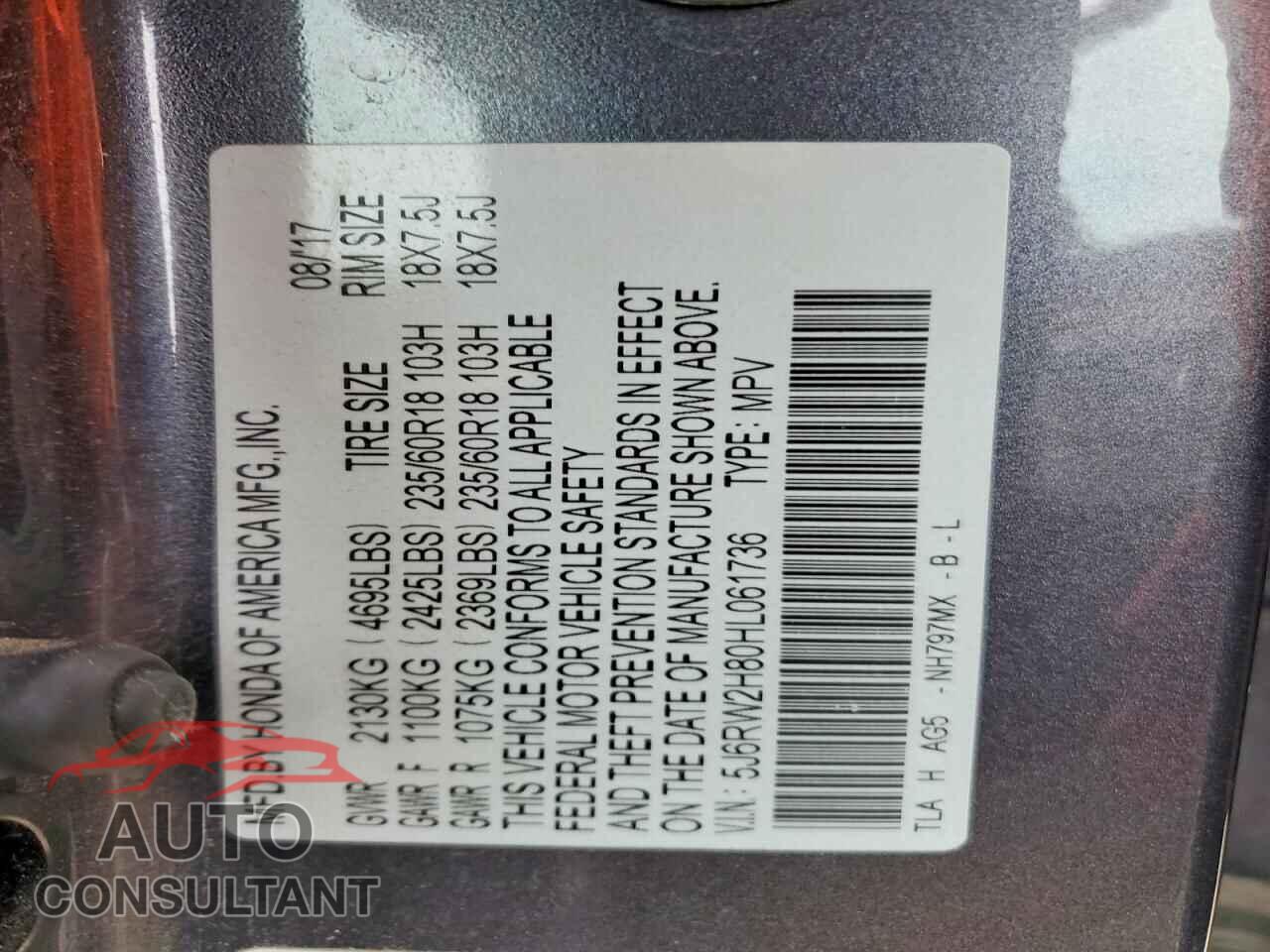 HONDA CRV 2017 - 5J6RW2H80HL061736