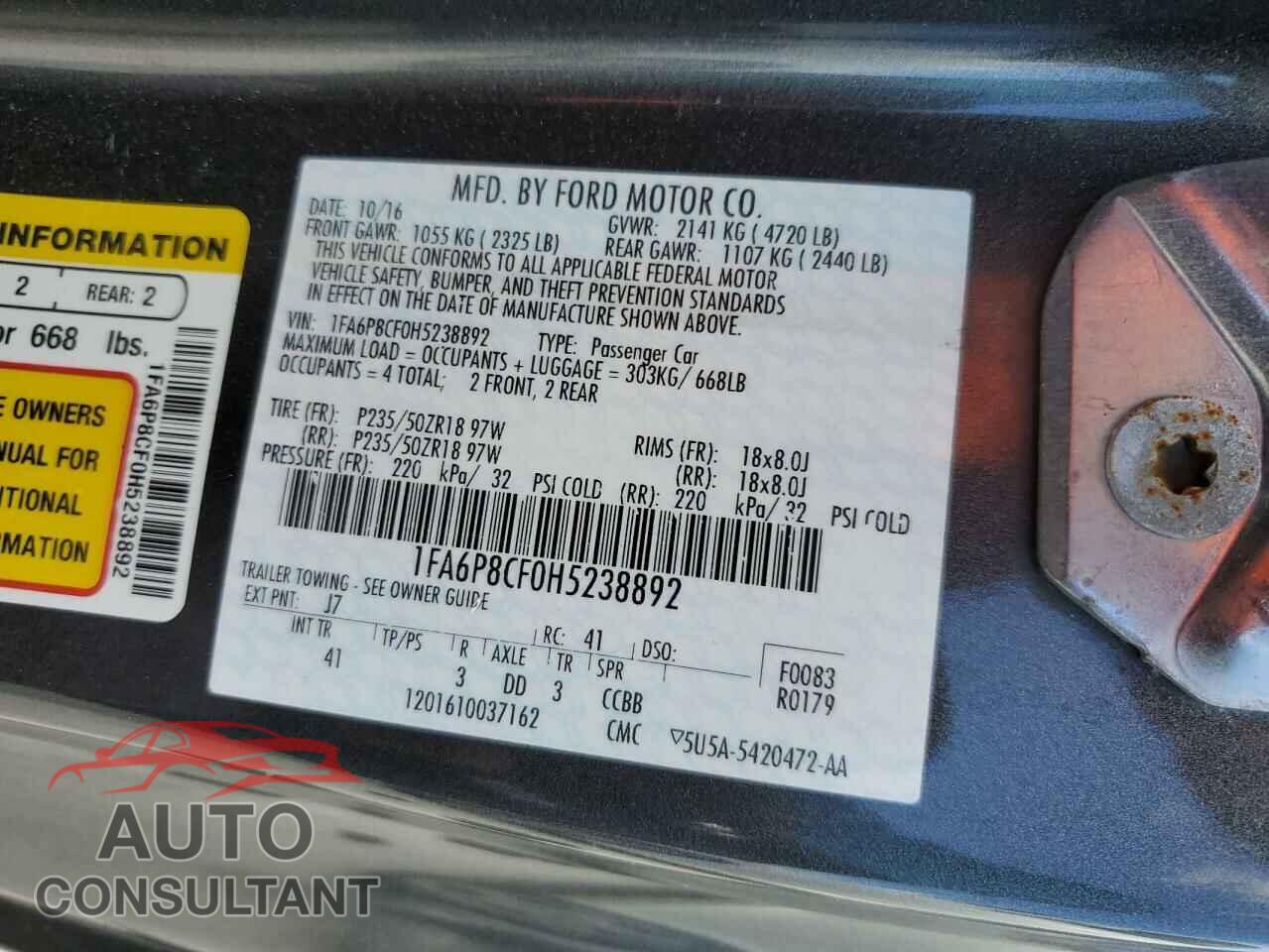 FORD MUSTANG 2017 - 1FA6P8CF0H5238892