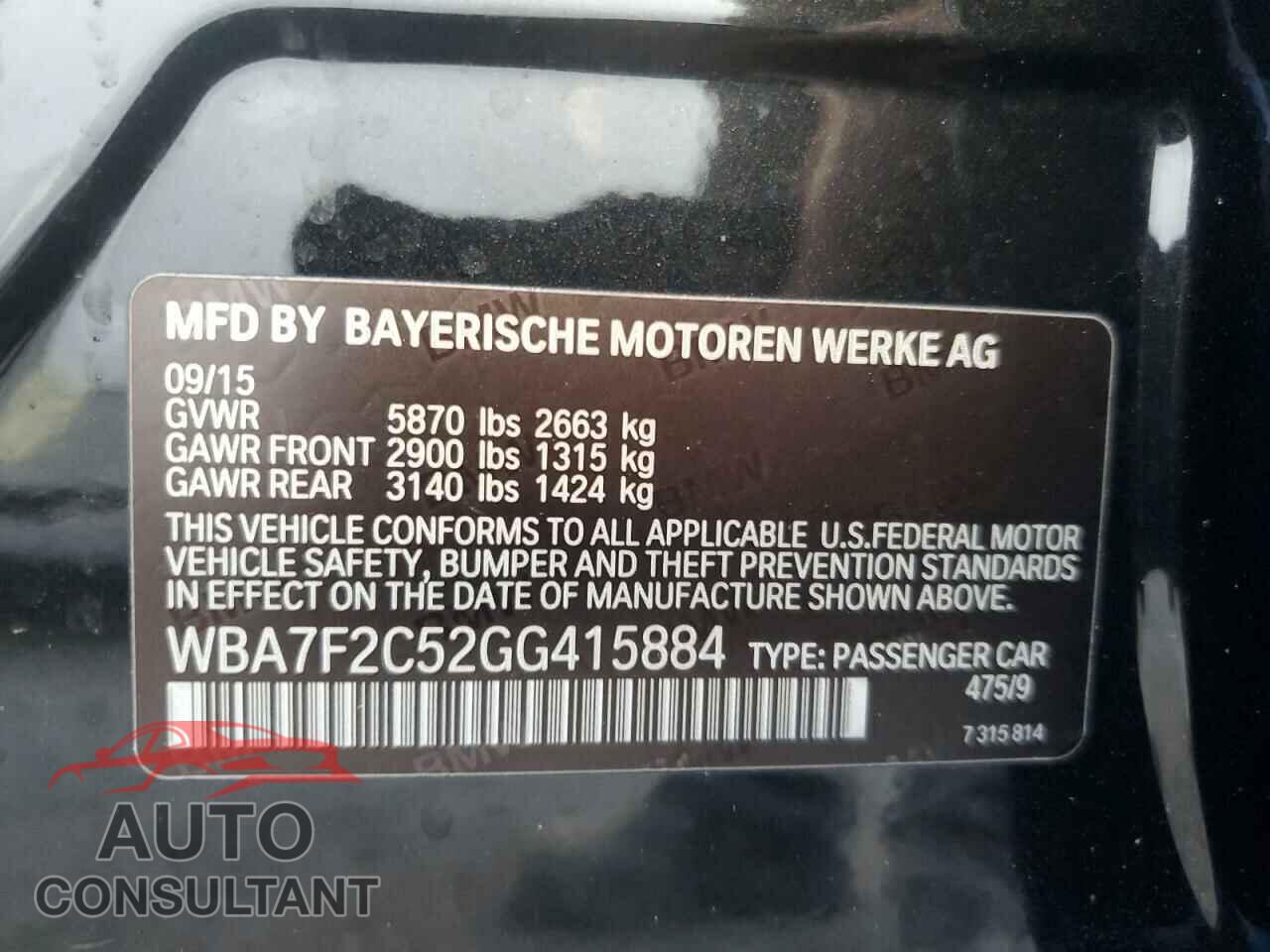 BMW 7 SERIES 2016 - WBA7F2C52GG415884