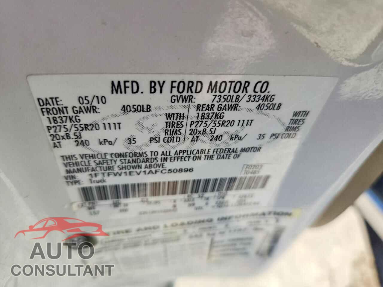 FORD F150 2010 - 1FTFW1EV1AFC50896
