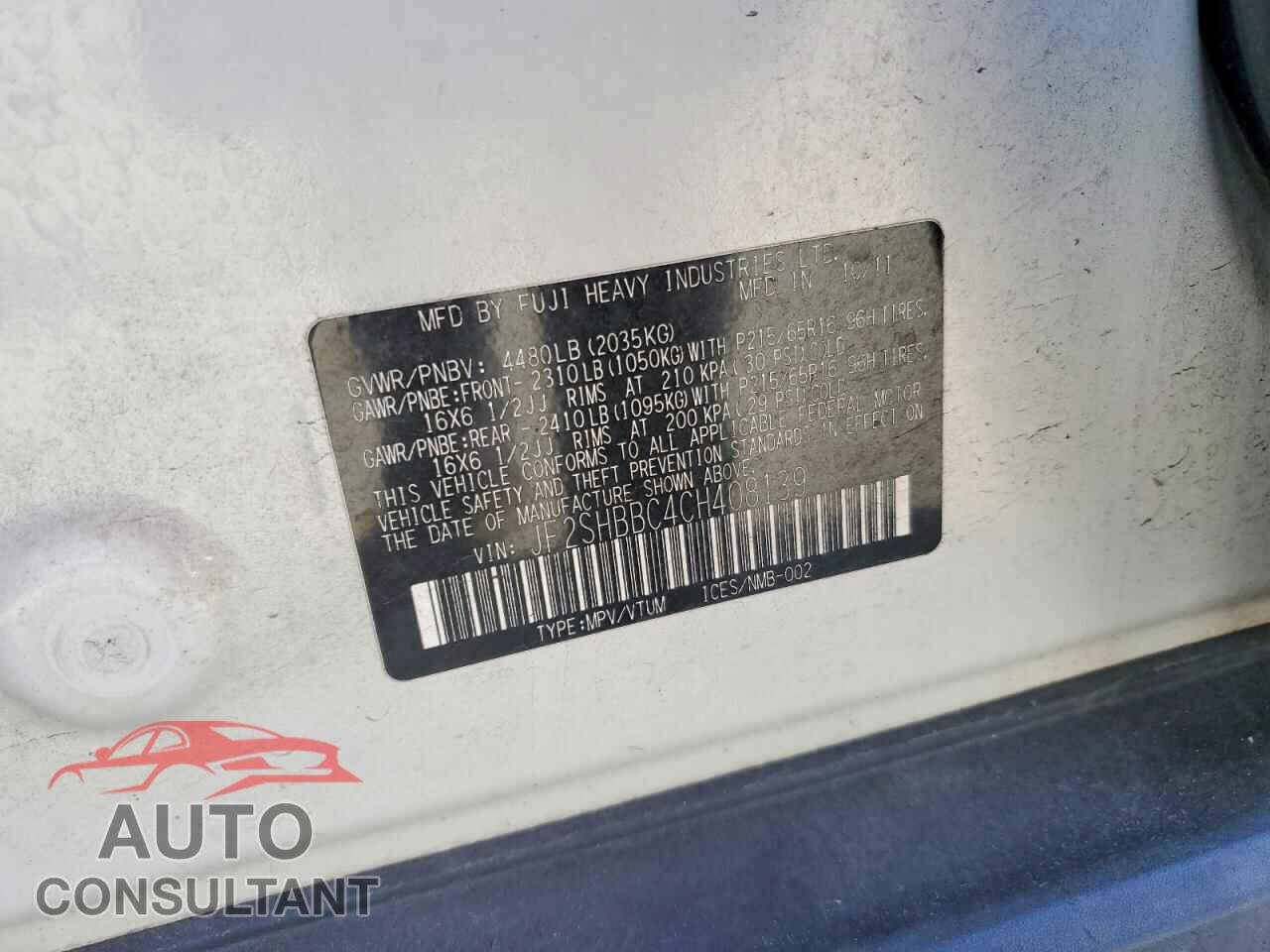 SUBARU FORESTER 2012 - JF2SHBBC4CH408139
