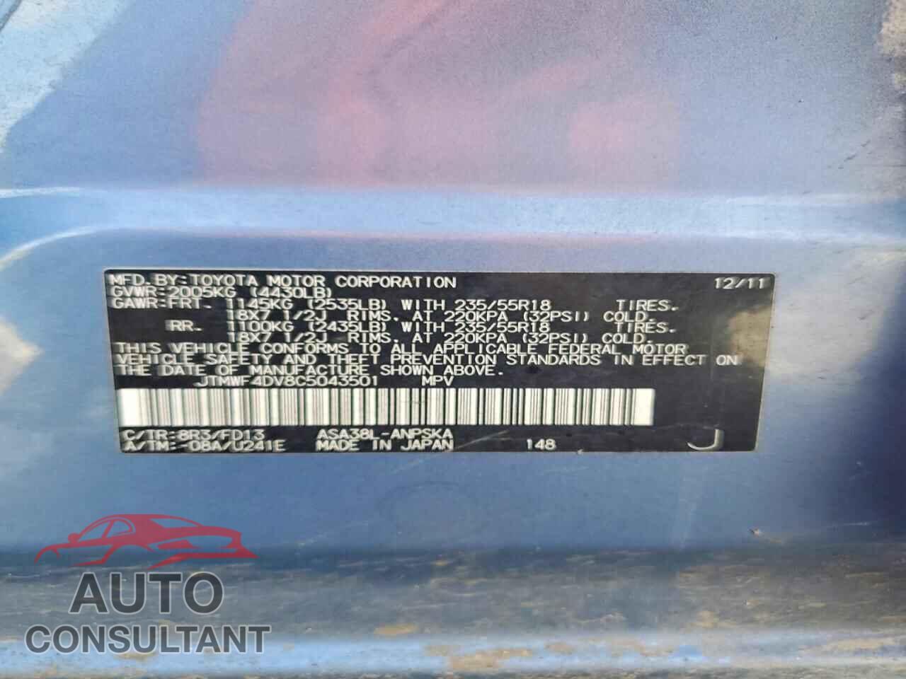 TOYOTA RAV4 2012 - JTMWF4DV8C5043501