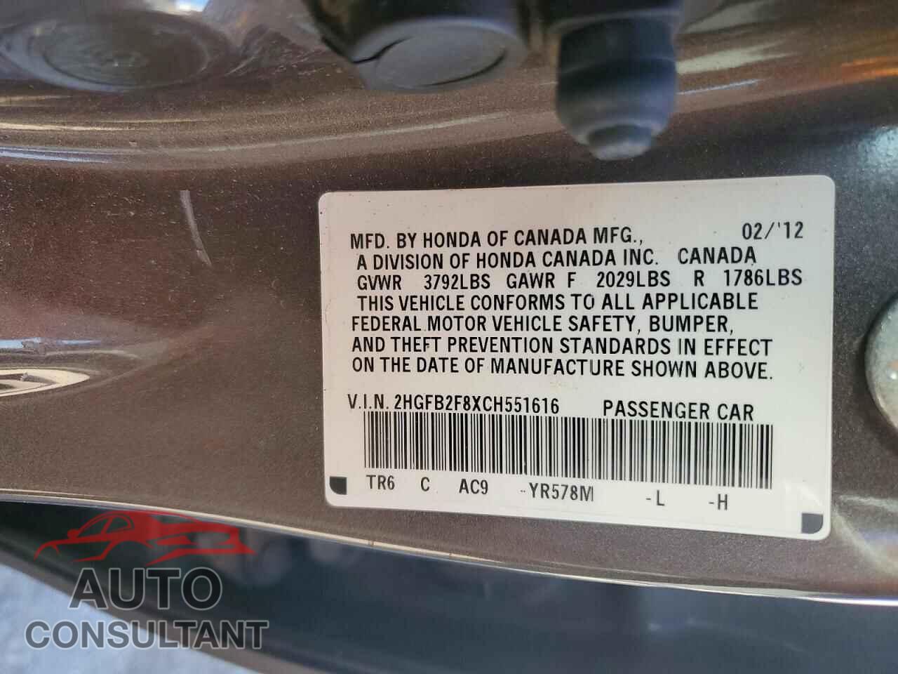 HONDA CIVIC 2012 - 2HGFB2F8XCH551616