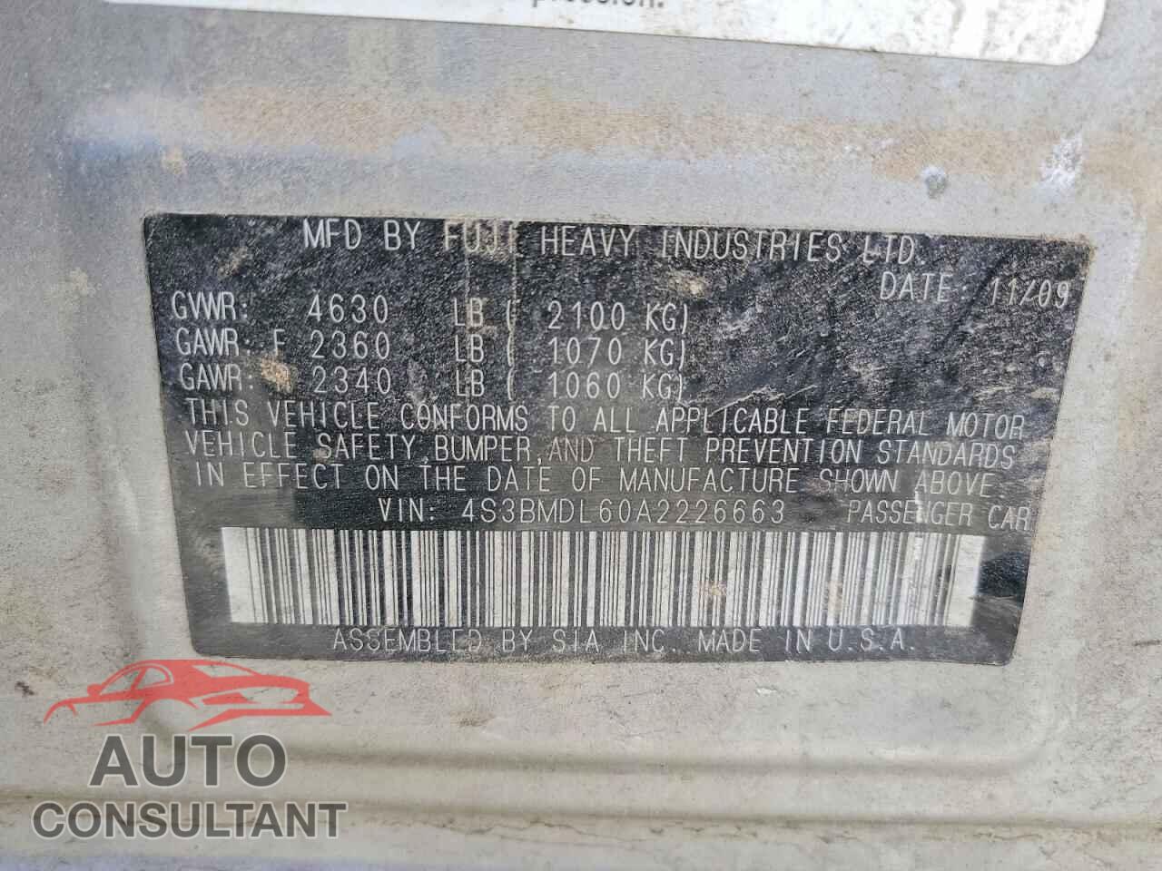 SUBARU LEGACY 2010 - 4S3BMDL60A2226663
