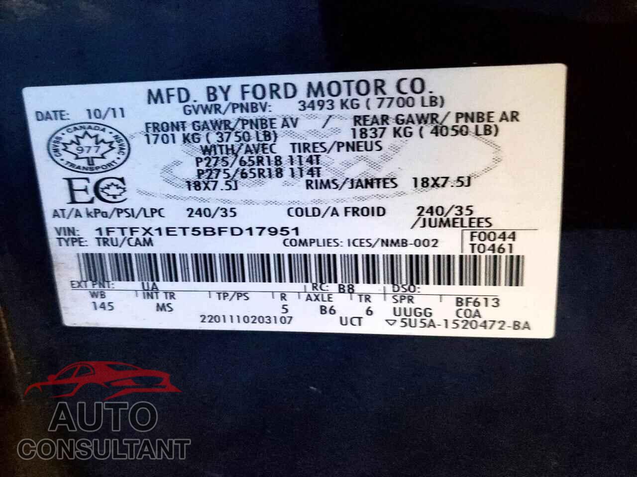 FORD F-150 2011 - 1FTFX1ET5BFD17951