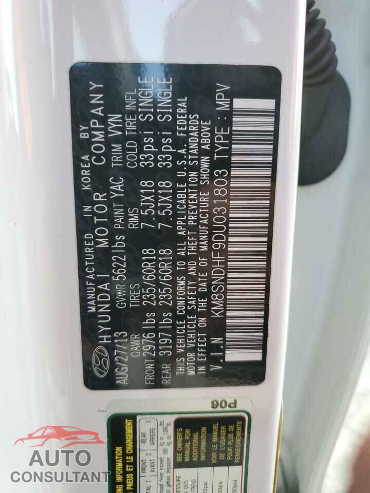 HYUNDAI SANTA FE 2013 - KM8SNDHF9DU031803
