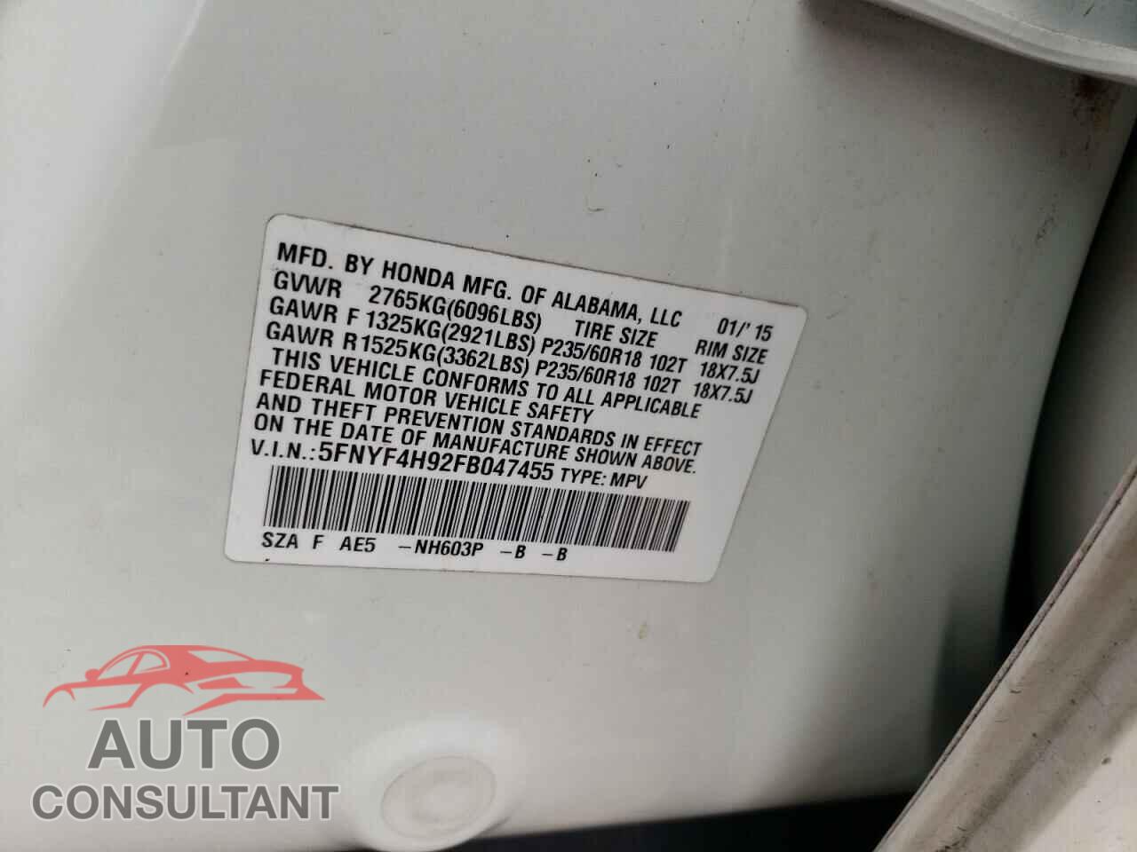 HONDA PILOT 2015 - 5FNYF4H92FB047455