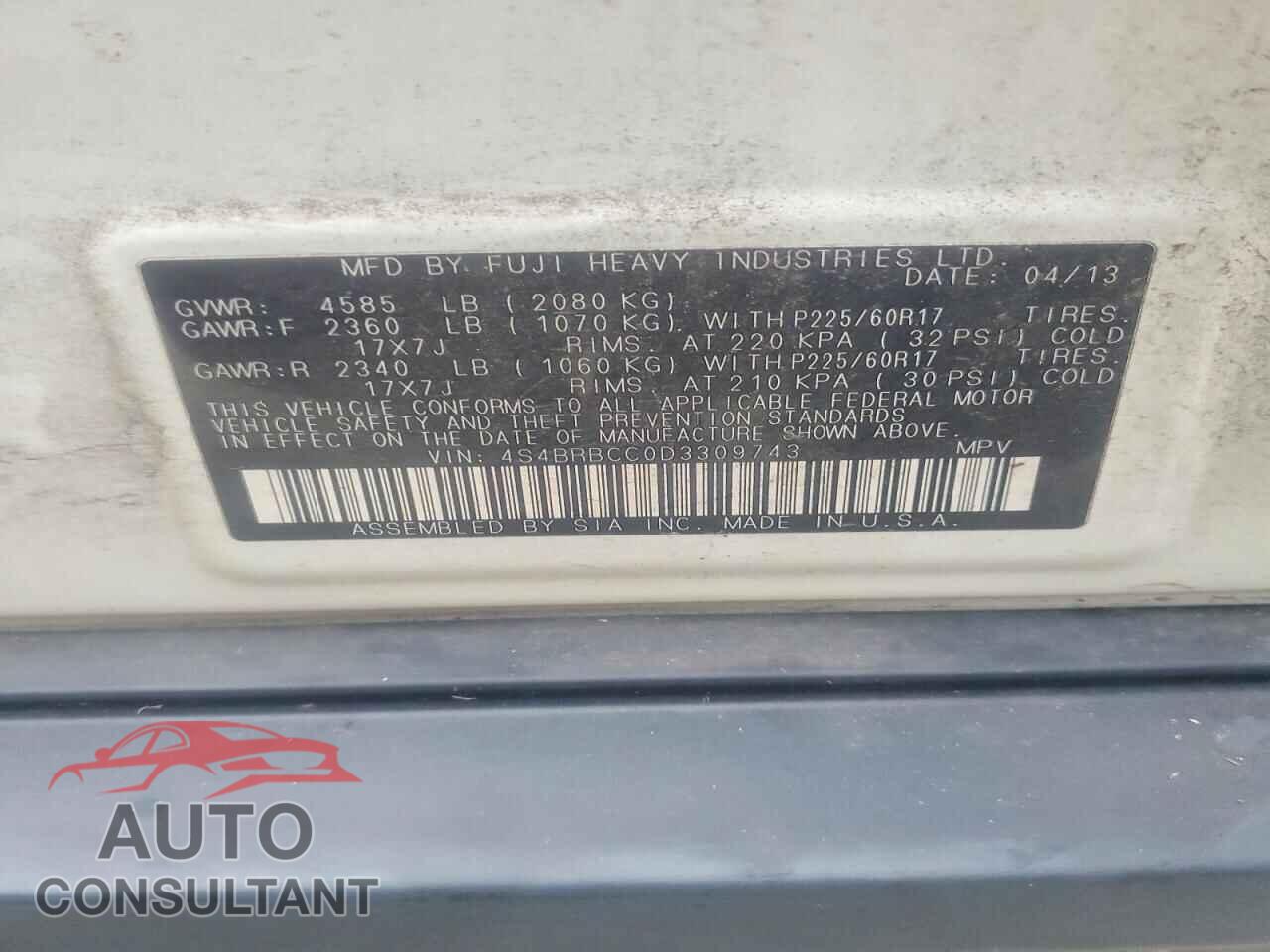 SUBARU OUTBACK 2013 - 4S4BRBCC0D3309743