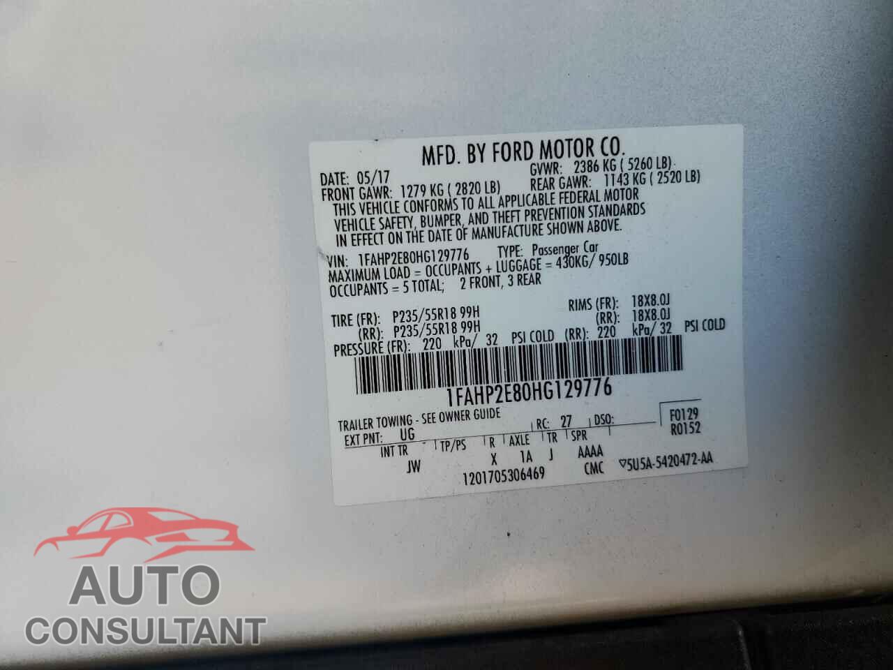 FORD TAURUS 2017 - 1FAHP2E80HG129776