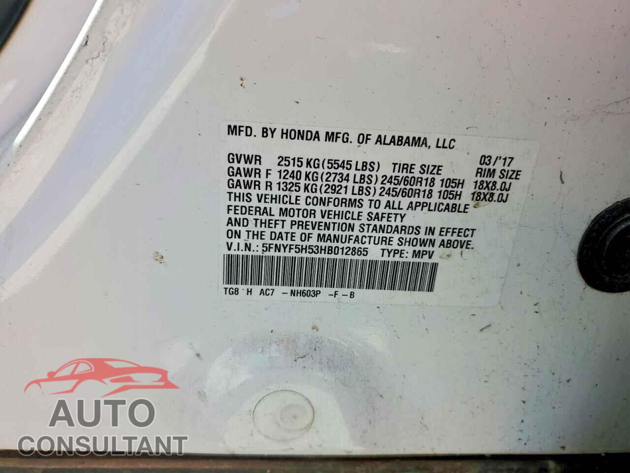 HONDA PILOT 2017 - 5FNYF5H53HB012865