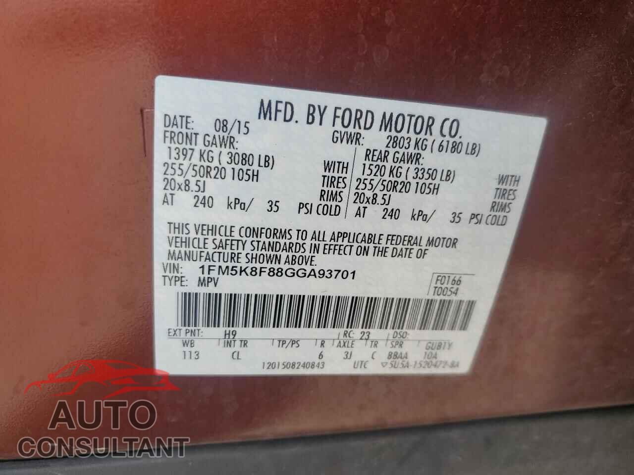 FORD EXPLORER 2016 - 1FM5K8F88GGA93701