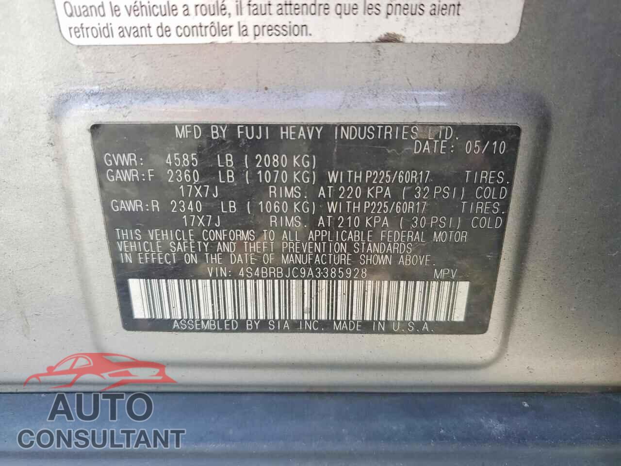 SUBARU OUTBACK 2010 - 4S4BRBJC9A3385928