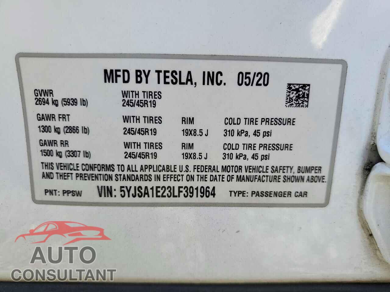 TESLA MODEL S 2020 - 5YJSA1E23LF391964
