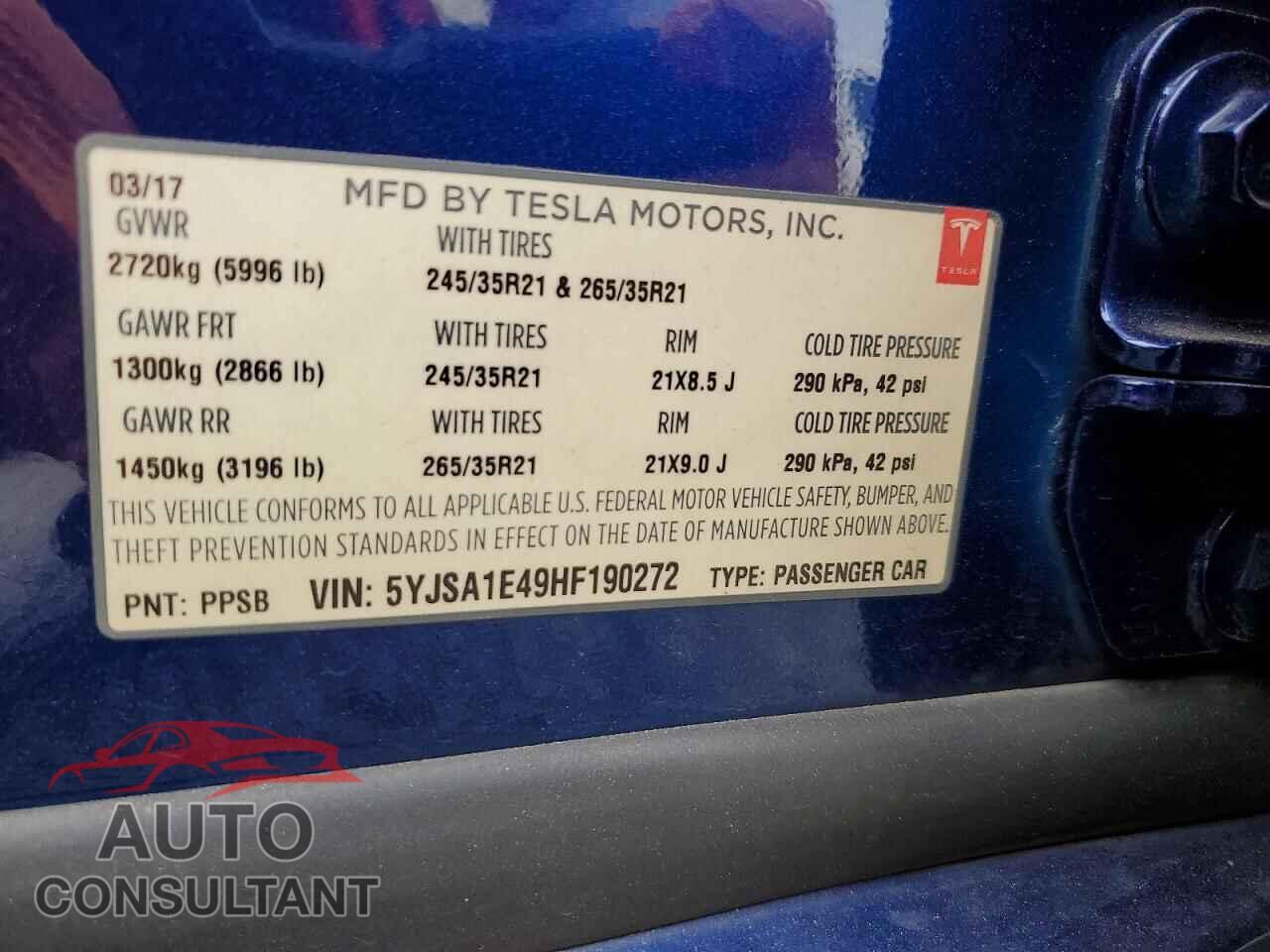 TESLA MODEL S 2017 - 5YJSA1E49HF190272