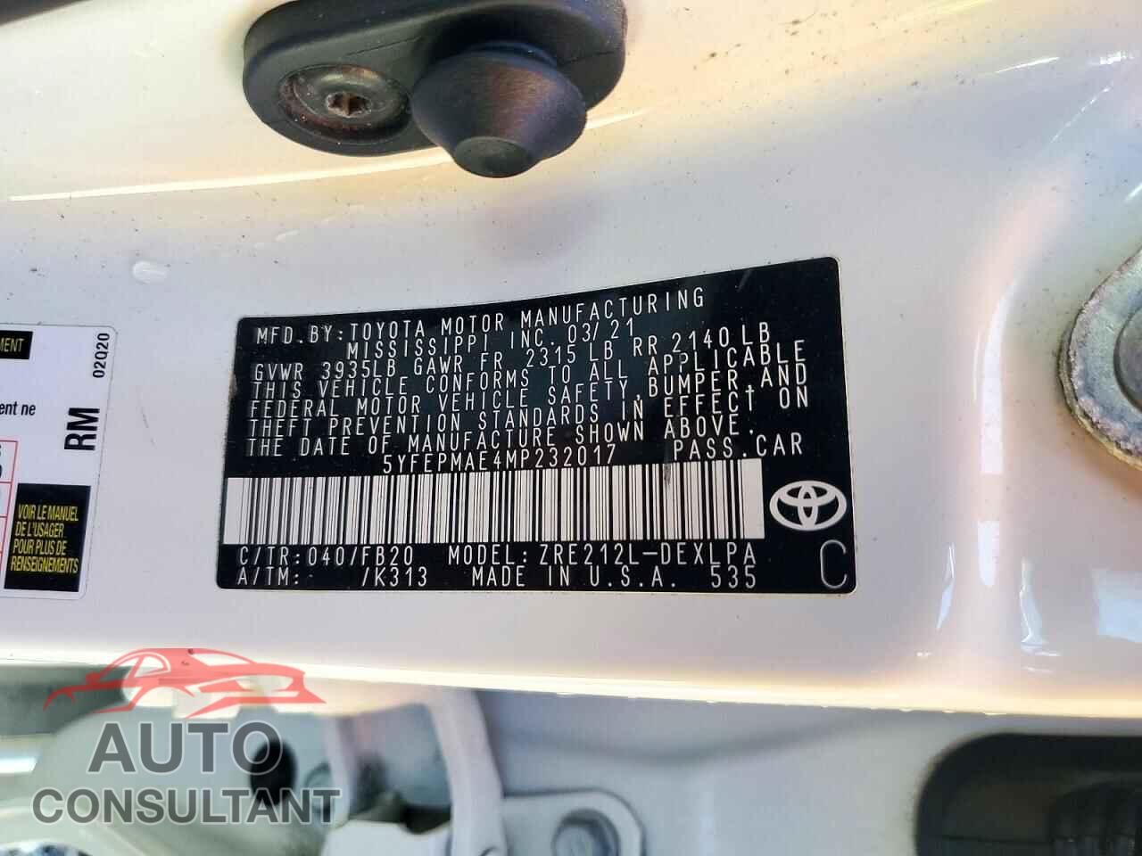 TOYOTA COROLLA 2021 - 5YFEPMAE4MP232017