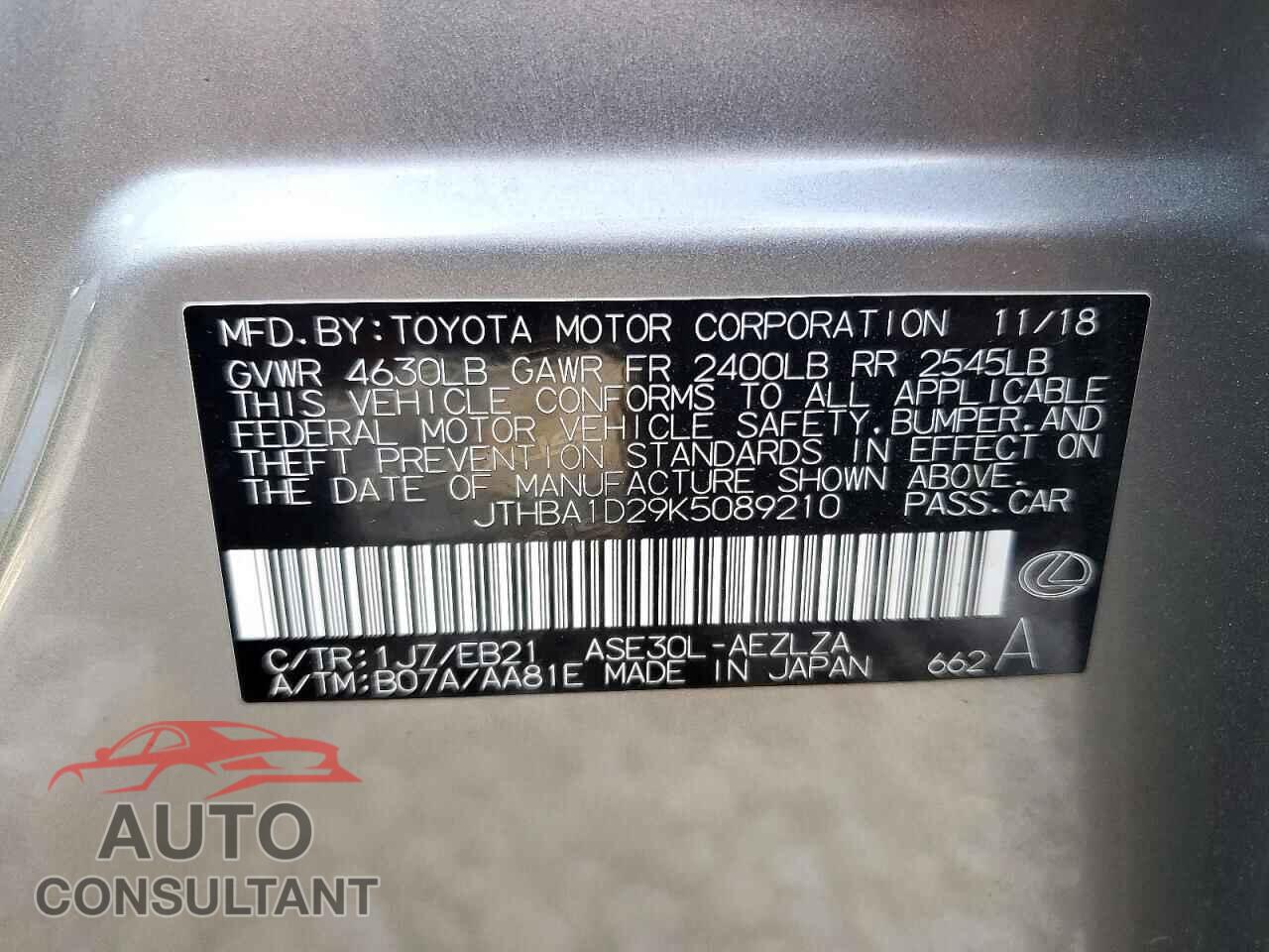 LEXUS IS 2019 - JTHBA1D29K5089210