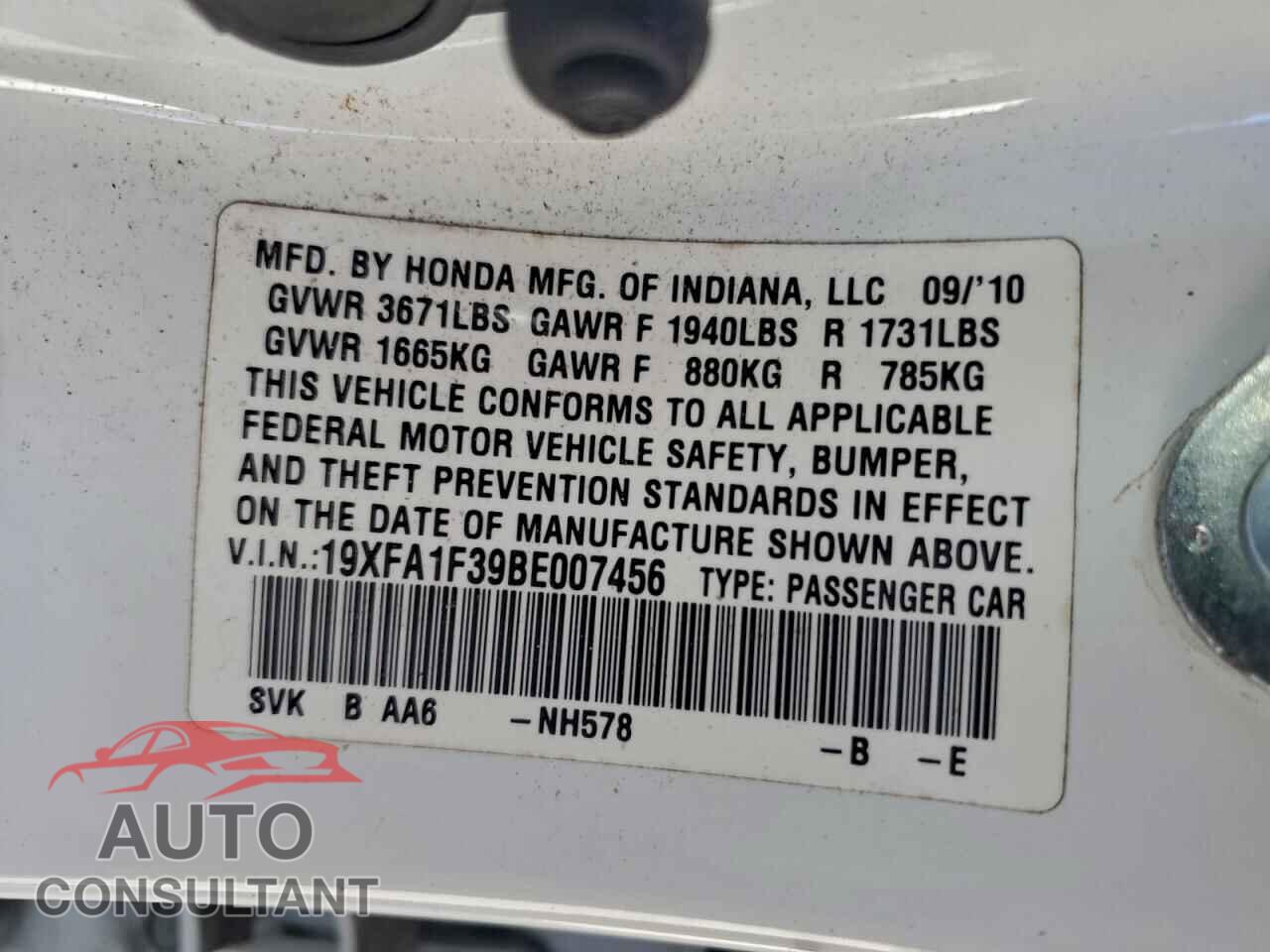 HONDA CIVIC 2011 - 19XFA1F39BE007456