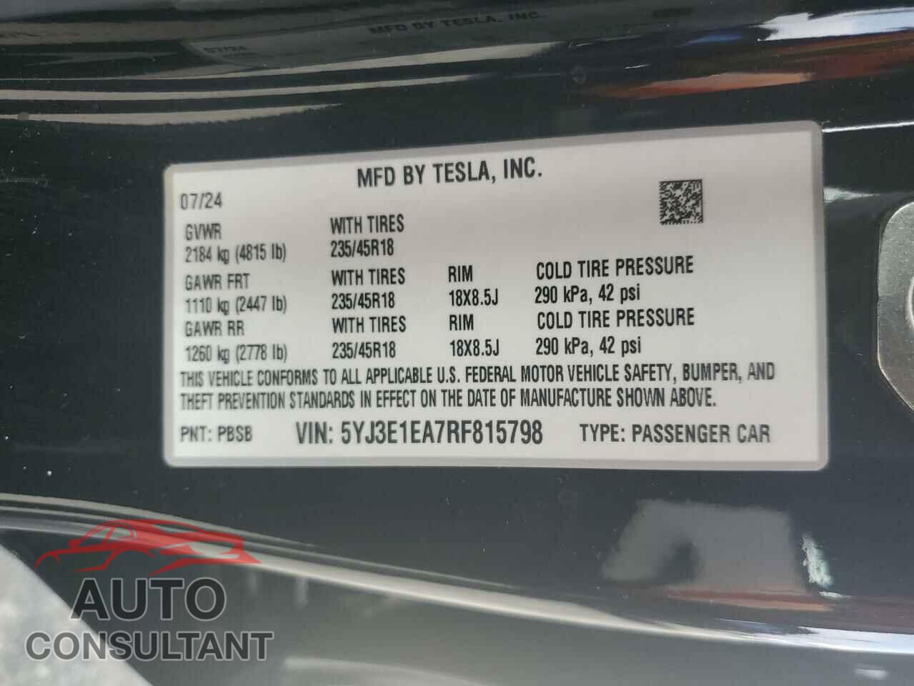 TESLA MODEL 3 2024 - 5YJ3E1EA7RF815798