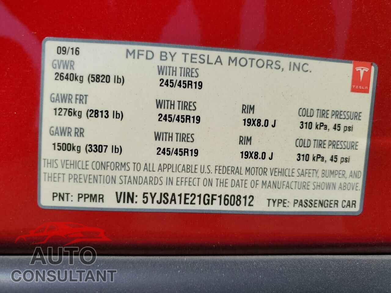 TESLA MODEL S 2016 - 5YJSA1E21GF160812