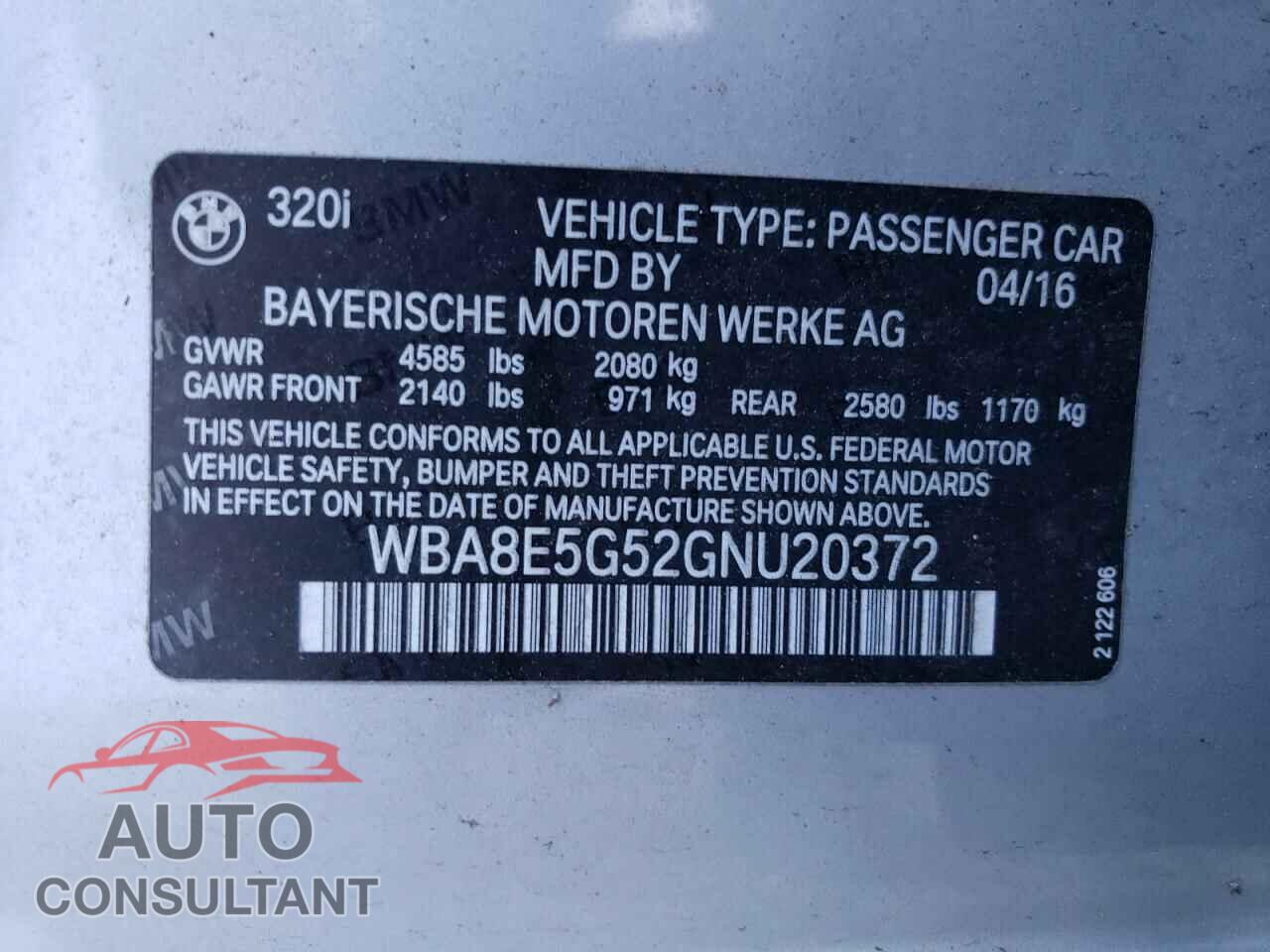 BMW 3 SERIES 2016 - WBA8E5G52GNU20372