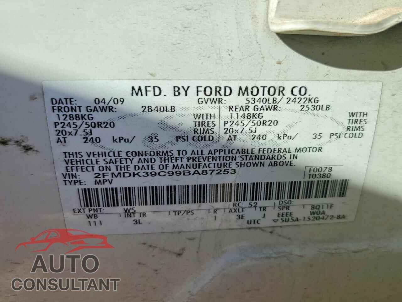 FORD EDGE 2009 - 2FMDK39C99BA87253