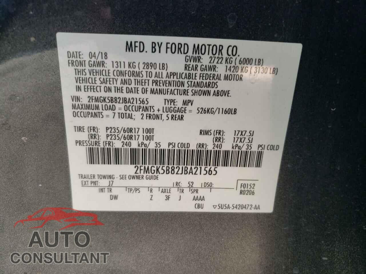 FORD FLEX 2018 - 2FMGK5B82JBA21565