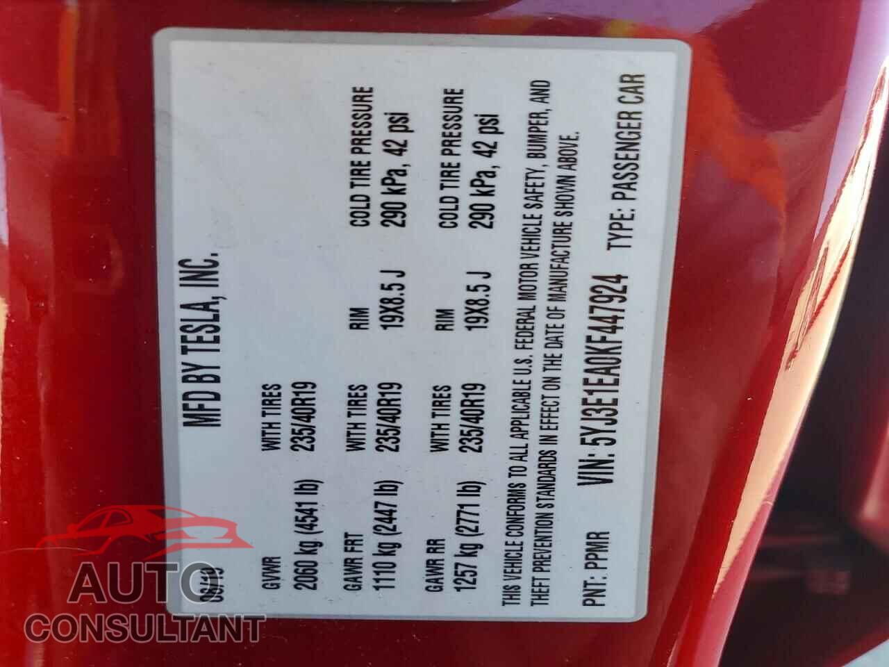 TESLA MODEL 3 2019 - 5YJ3E1EA0KF447924