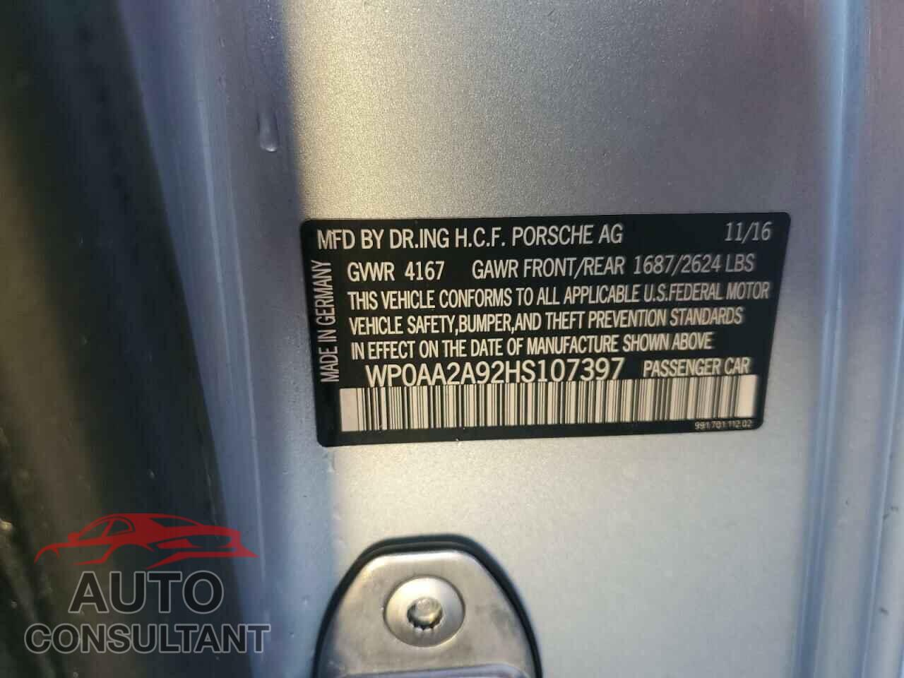 PORSCHE 911 2017 - WP0AA2A92HS107397