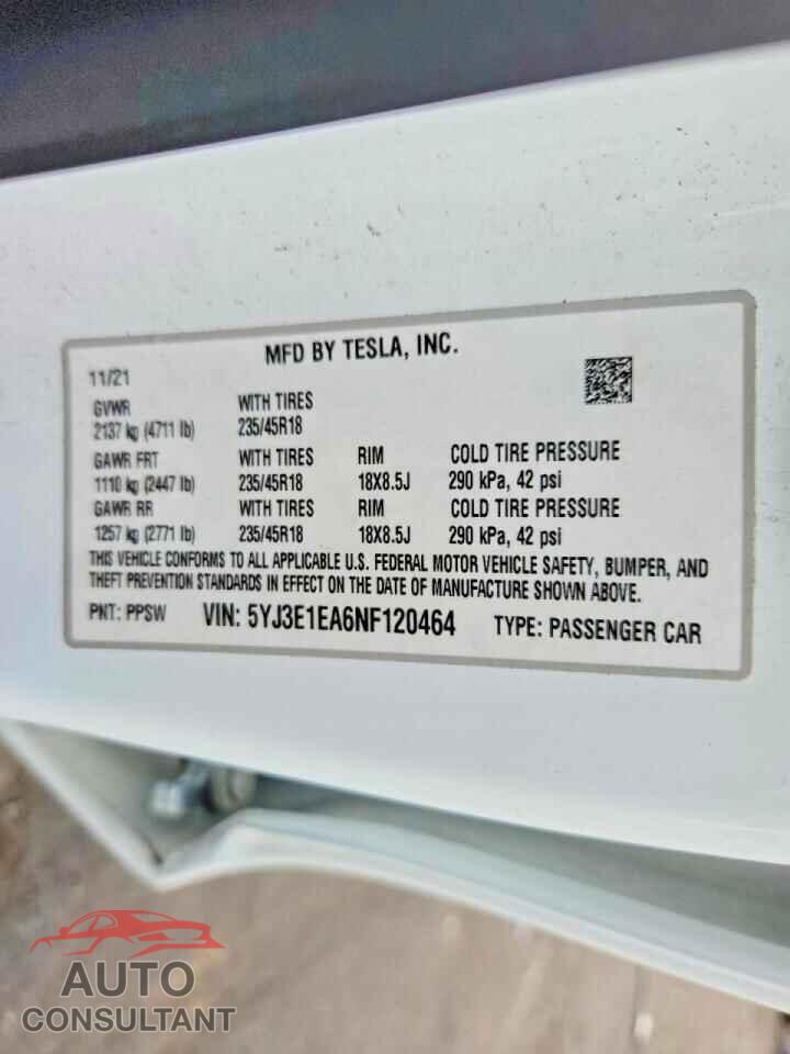 TESLA MODEL 3 2022 - 5YJ3E1EA6NF120464