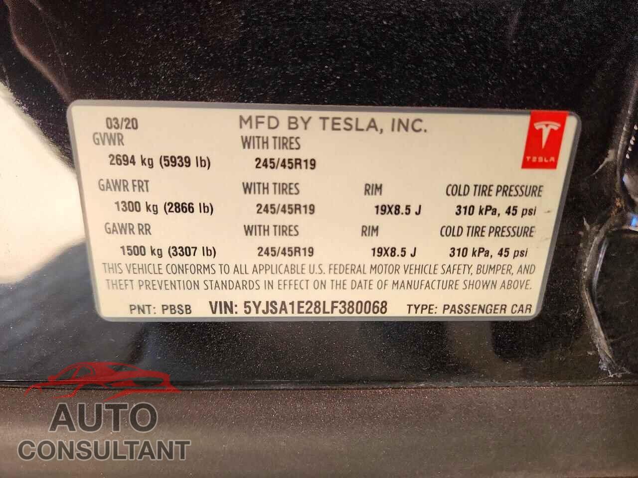 TESLA MODEL S 2020 - 5YJSA1E28LF380068