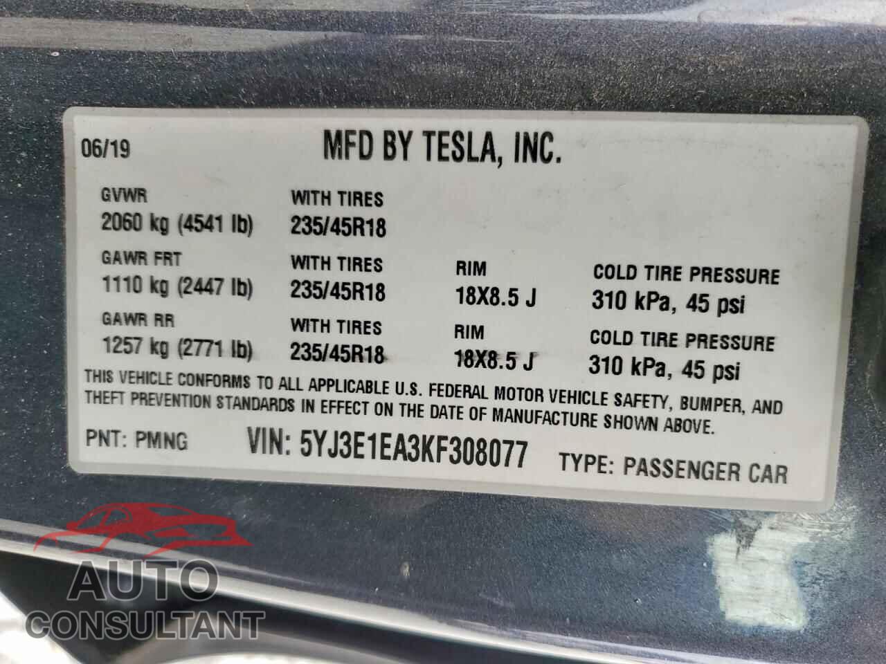 TESLA MODEL 3 2019 - 5YJ3E1EA3KF308077