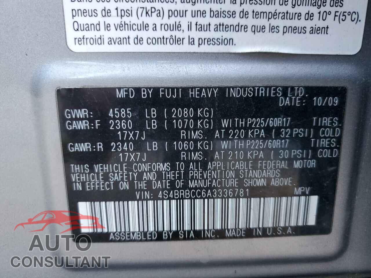 SUBARU OUTBACK 2010 - 4S4BRBCC6A3336781