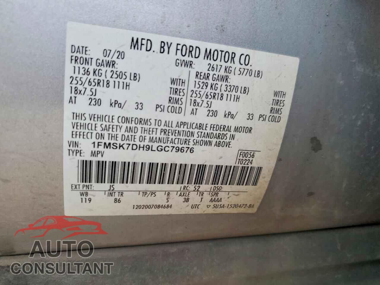 FORD EXPLORER 2020 - 1FMSK7DH9LGC79676