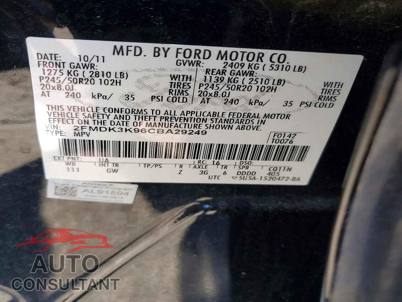 FORD EDGE 2012 - 2FMDK3K96CBA29249