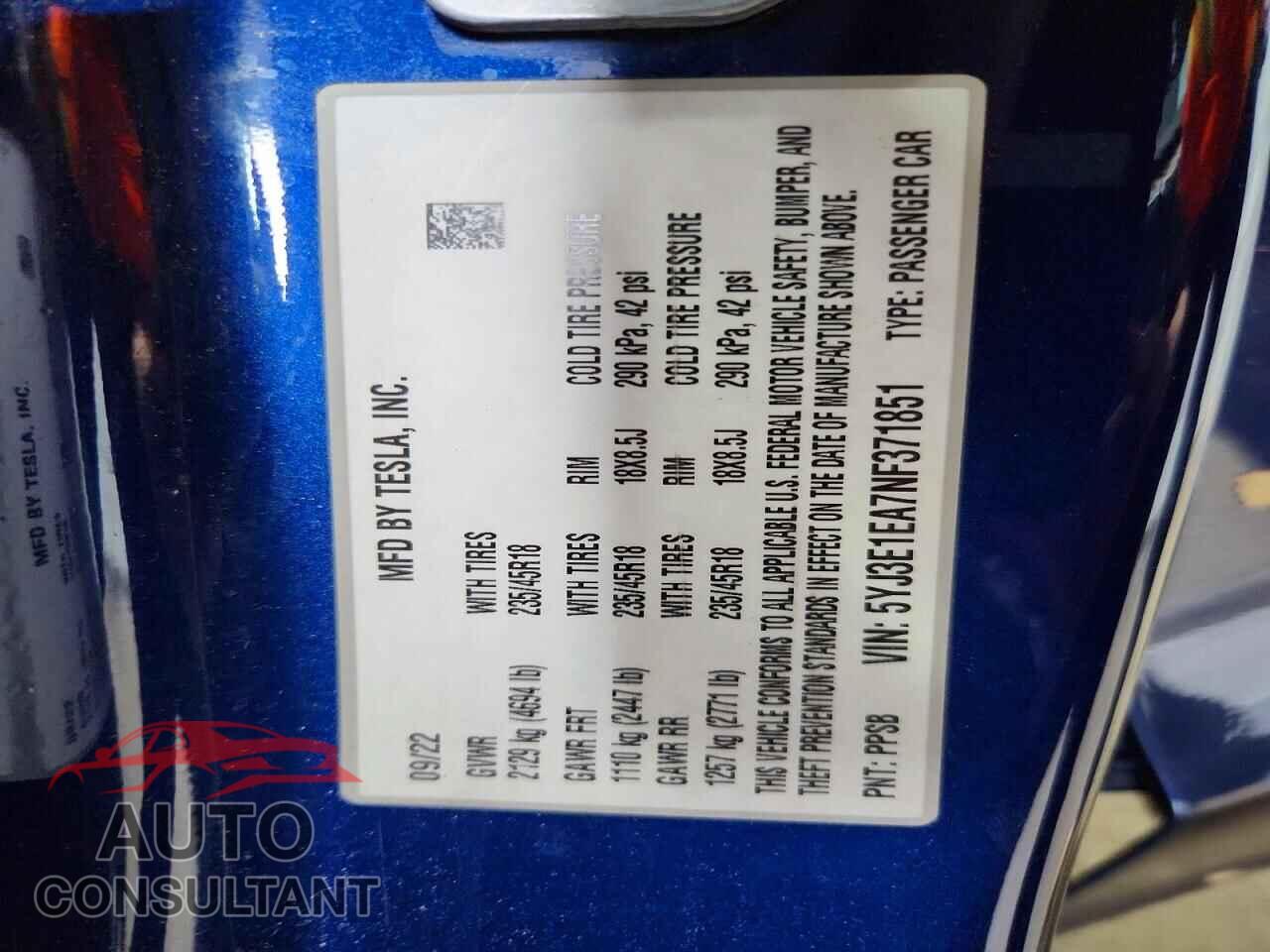 TESLA MODEL 3 2022 - 5YJ3E1EA7NF371851